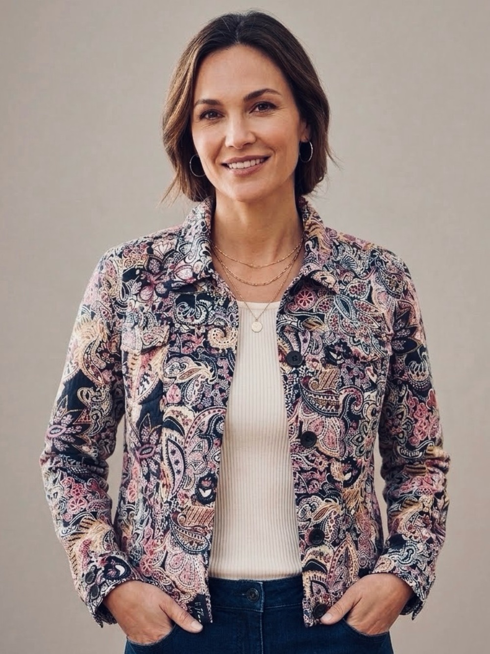 Charter Club Jacket Paisley Pink Black Ivory floral buttoned large casual cotton